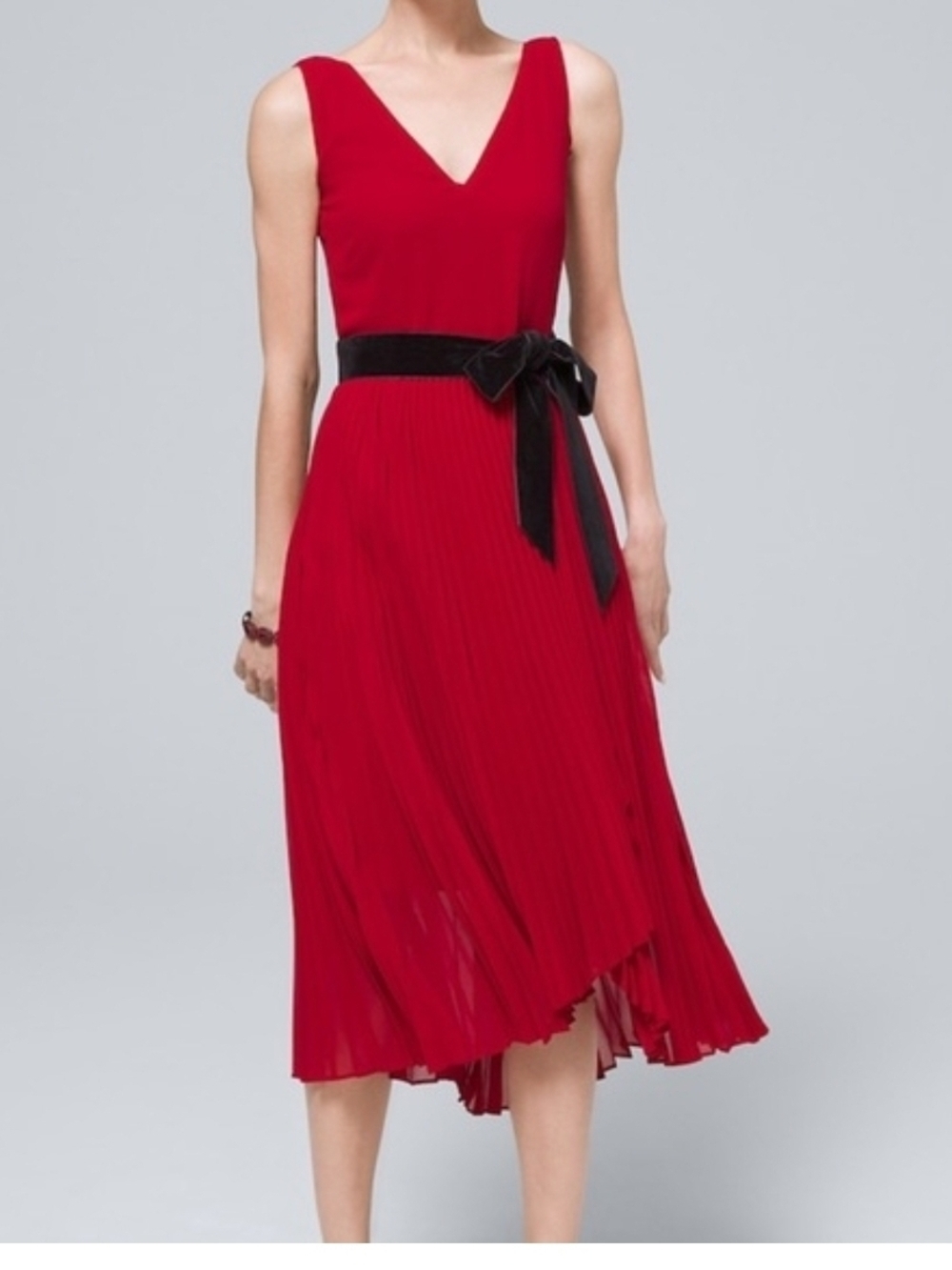 Red V-Neck Pleated Midi Dress with Black Belt